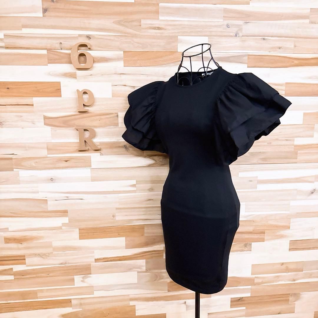 ザラ ボリューム フリル スリーブ 切り替え ニット ミニ ワンピース S 黒