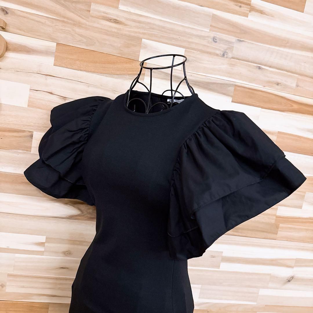 ザラ ボリューム フリル スリーブ 切り替え ニット ミニ ワンピース S 黒