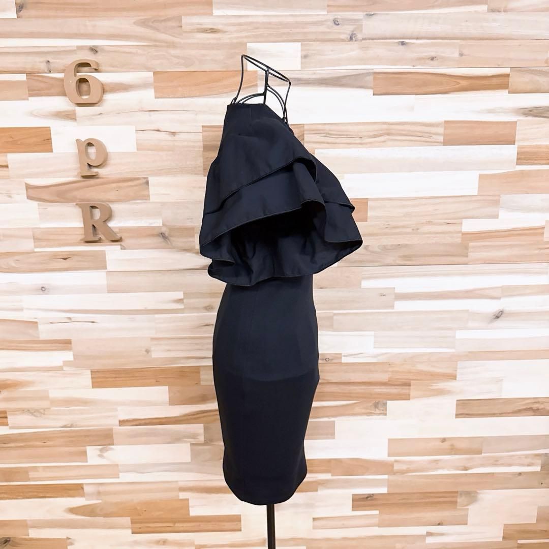  ザラ ボリューム フリル スリーブ 切り替え ニット ミニ ワンピース S 黒 半袖 ミニワンピース