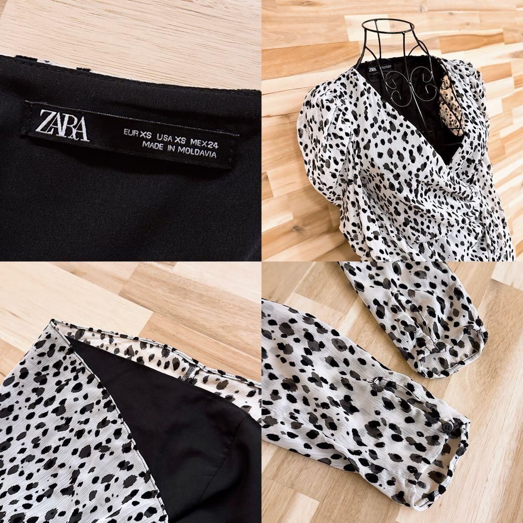  ザラ ベロア 3 D アニマル柄 シフォン ミニ ラップ ワンピース XS白×黒 長袖 七分袖 ひざ丈ワンピース