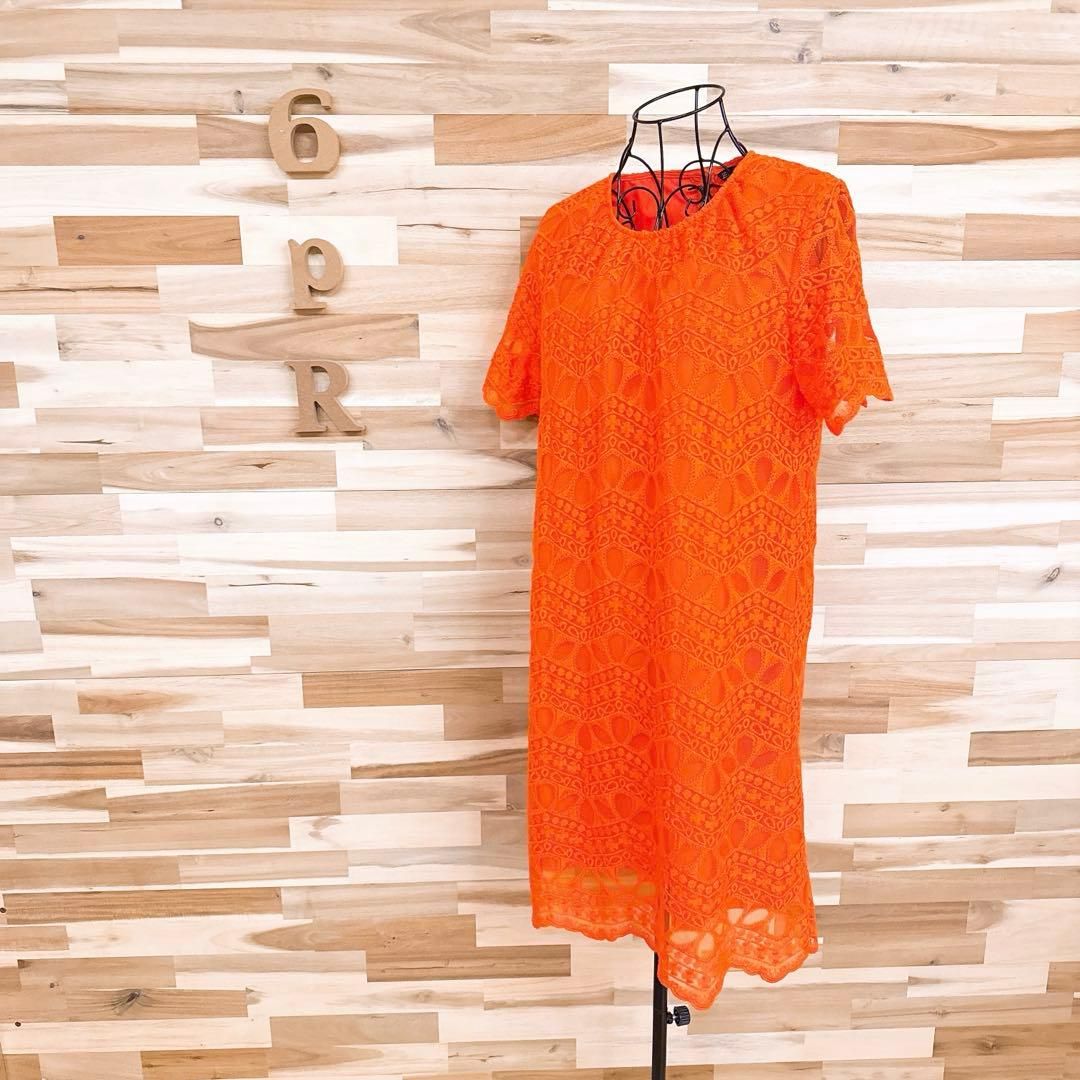 ザラ シアー エンブロイダリー フラワー レース ワンピース 花柄 Lオレンジ