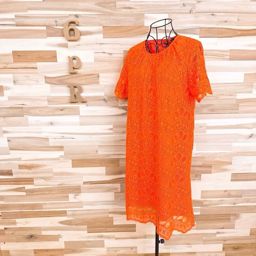  ザラ シアー エンブロイダリー フラワー レース ワンピース 花柄 Lオレンジ 半袖 ひざ丈ワンピース