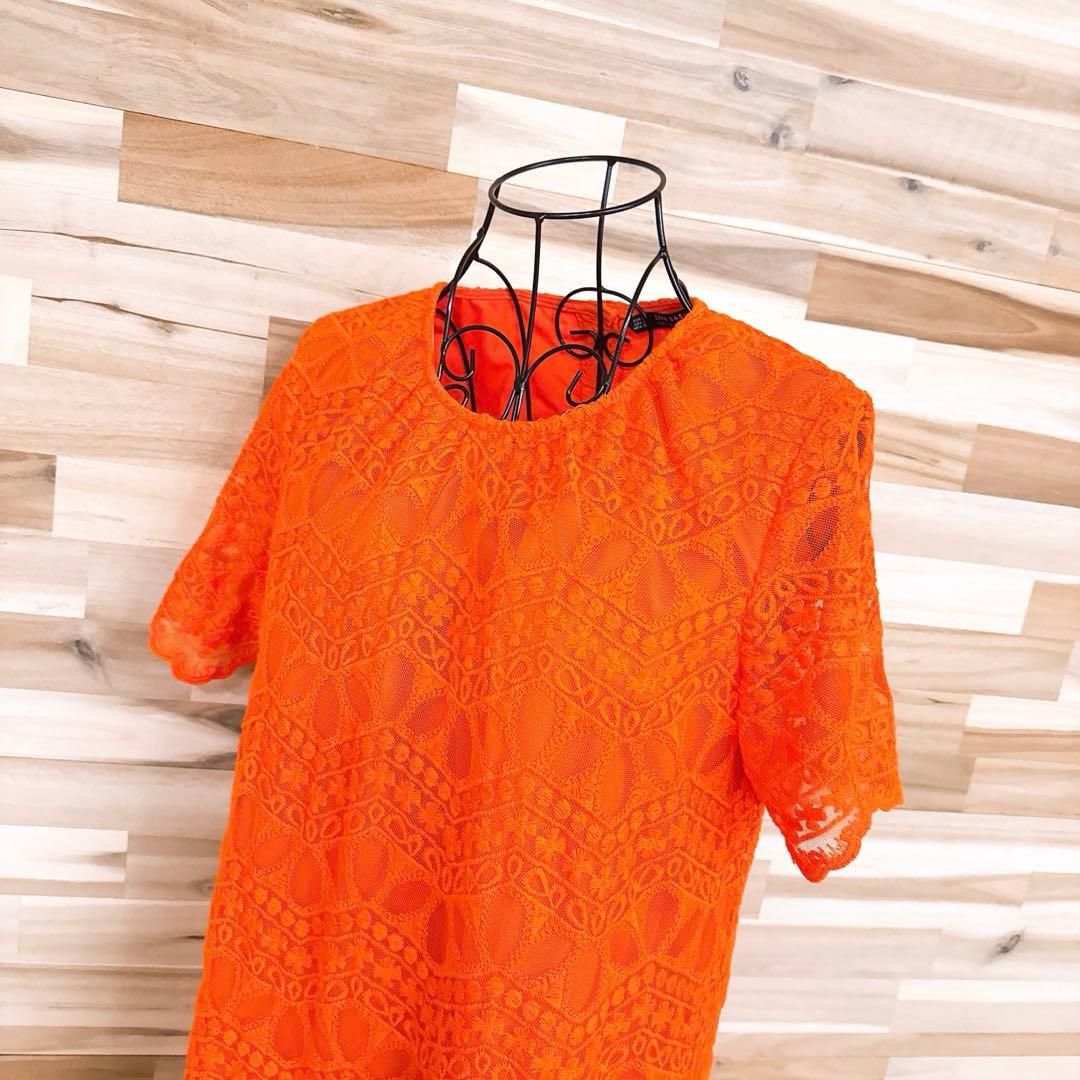 ザラ シアー エンブロイダリー フラワー レース ワンピース 花柄 Lオレンジ