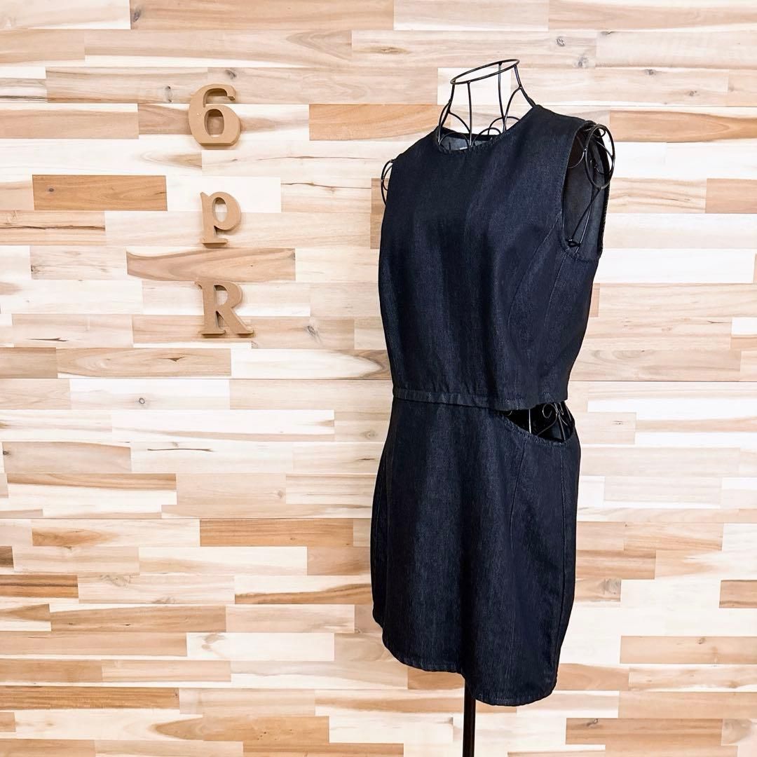 ザラ ブラック デニム ノースリーブ カットアウト ミニ ワンピース M黒