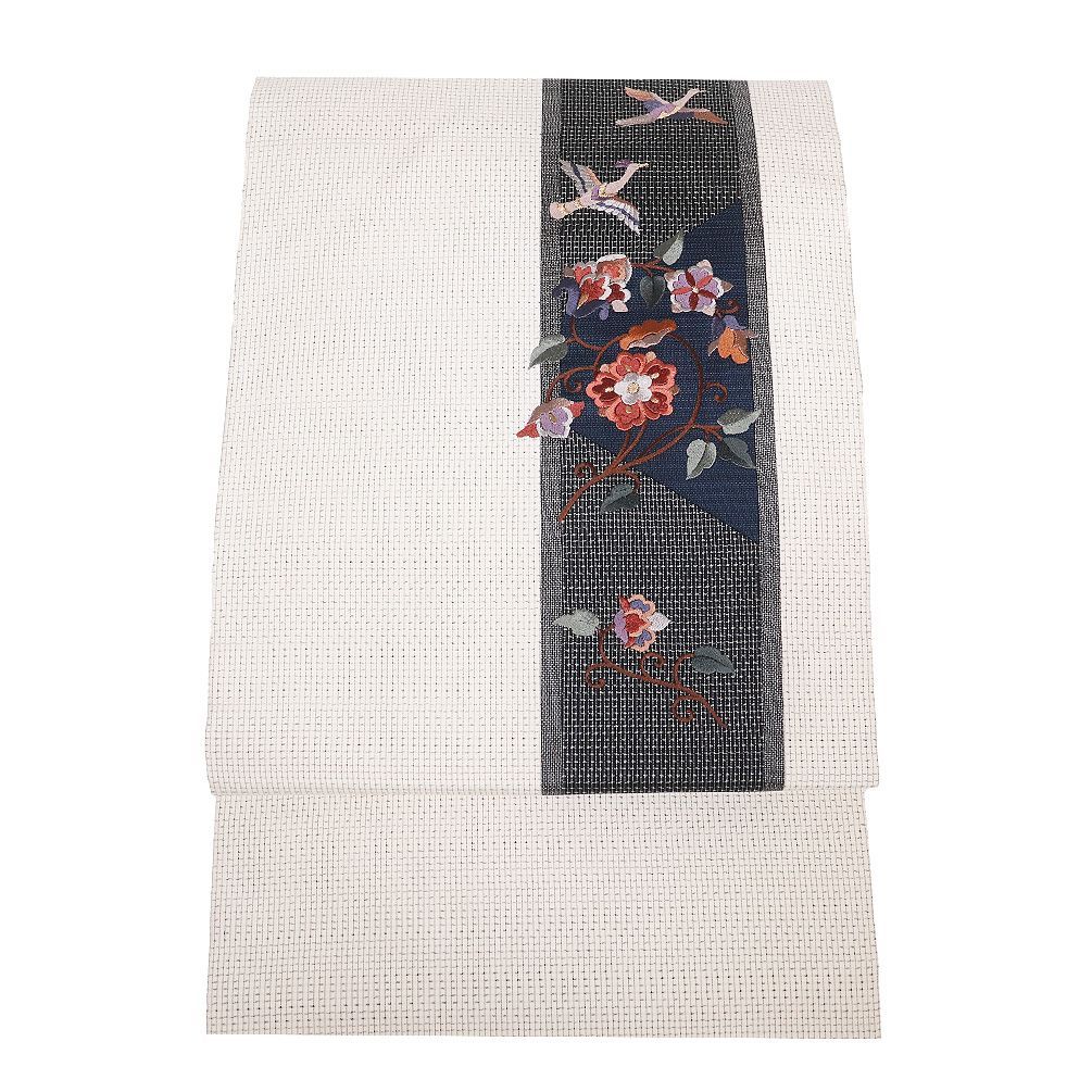 白大島紬 よこそ 名古屋帯 正絹 クリーム 小格子 刺繍 花喰鳥 唐花 Mサイズ N 3038 レディース ギフト カジュアル