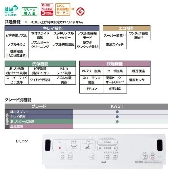LIXIL CW-KA31QC BN8 オフホワイト 壁リモコン付き フルオート シャワートイレ KAシリーズ 温水洗浄便座 リクシル INAX