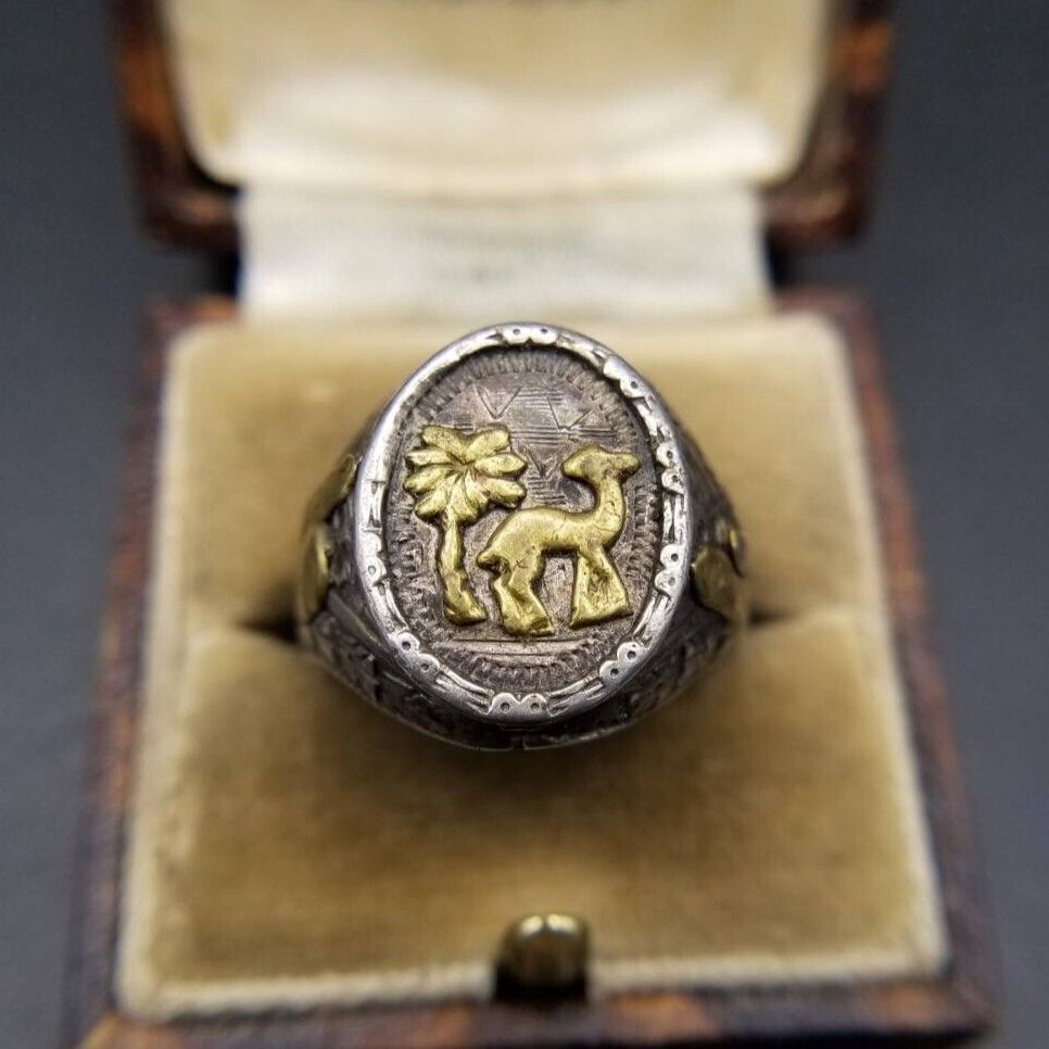 ラクダとヤシの木 レトロ彫金 オーバル 800 シルバー ヴィンテージ シグネット リング 銀 指輪 細かな細工 2トーン Y 24 L