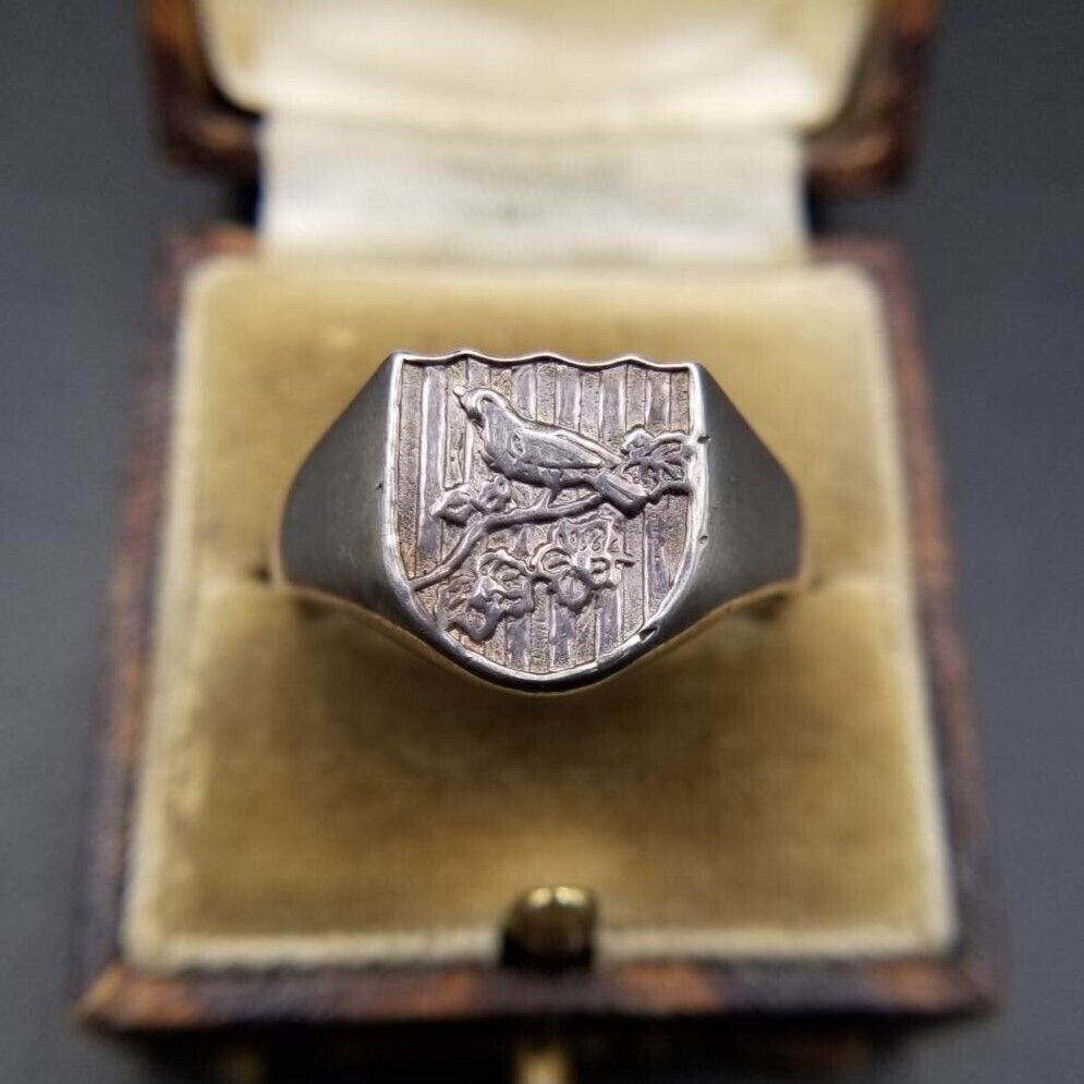 小枝にとまる鳥 紋章調 925 シルバー ヴィンテージ シグネット リング 銀 指輪 レトロ クラシック Y24-L