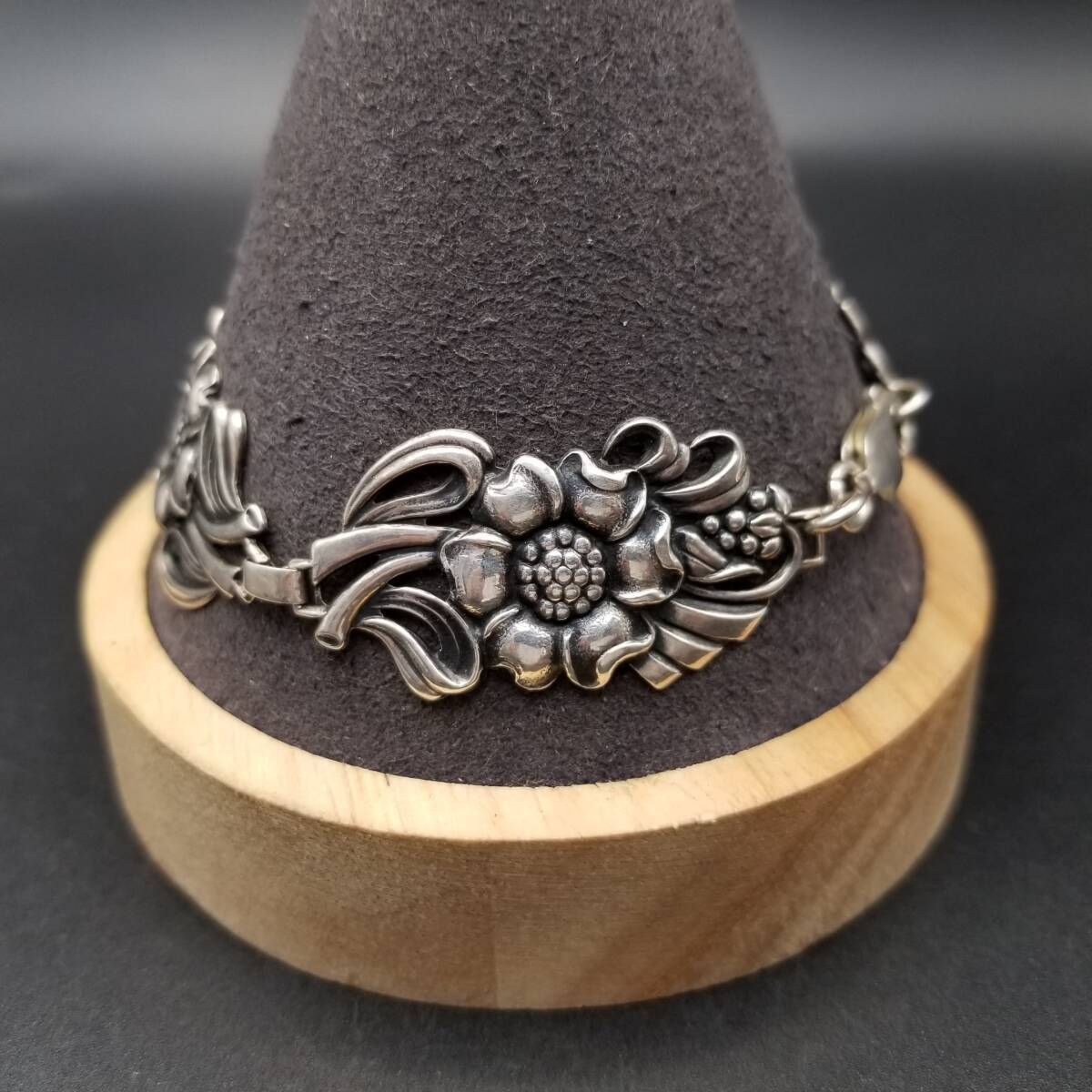 フローラル パネルチェーン 925 シルバー ヴィンテージ フラワー ブレスレット 銀細工アールヌーヴォー 大ぶり エレガント Y 24-J