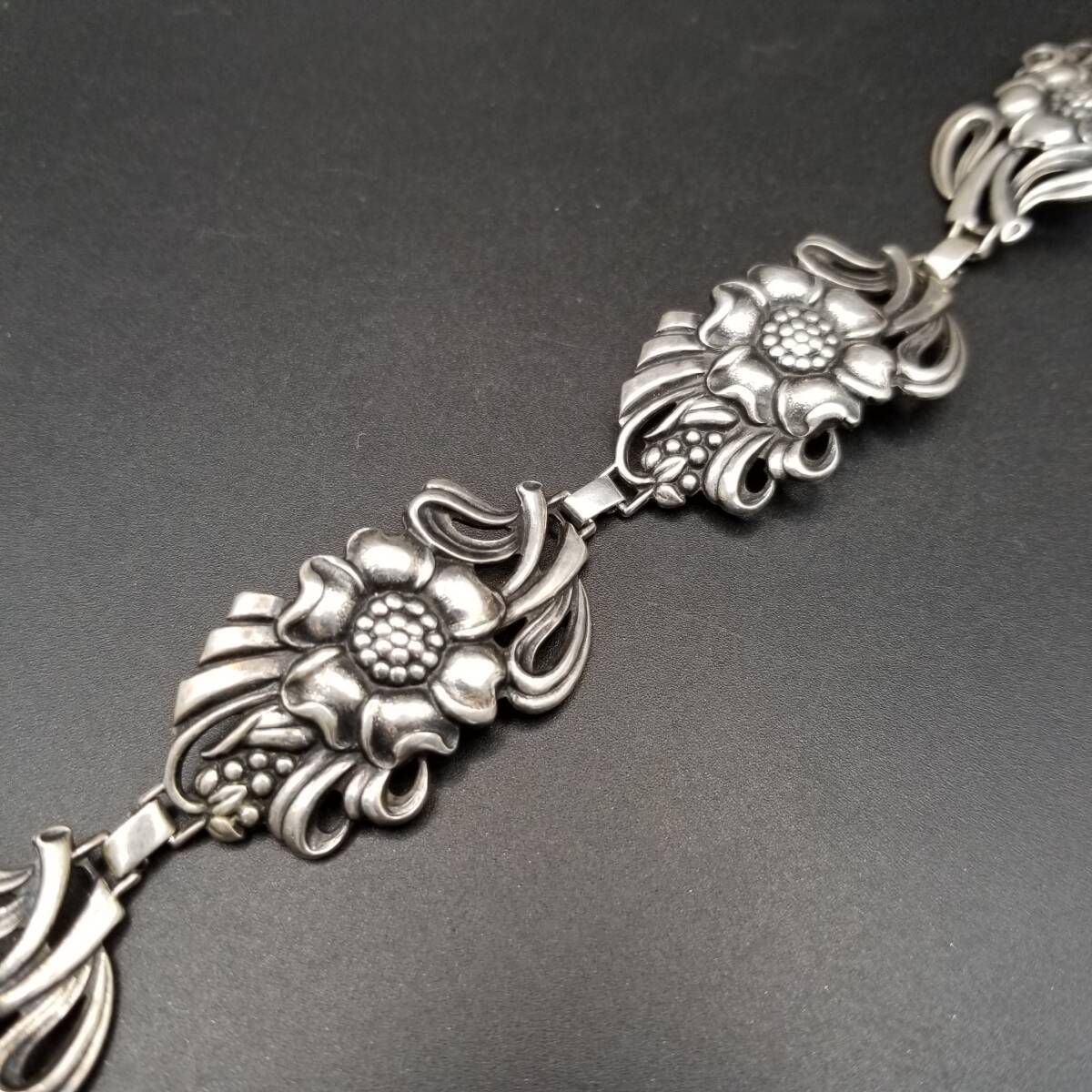 フローラル パネルチェーン 925 シルバー ヴィンテージ フラワー ブレスレット 銀細工アールヌーヴォー 大ぶり エレガント Y24-J