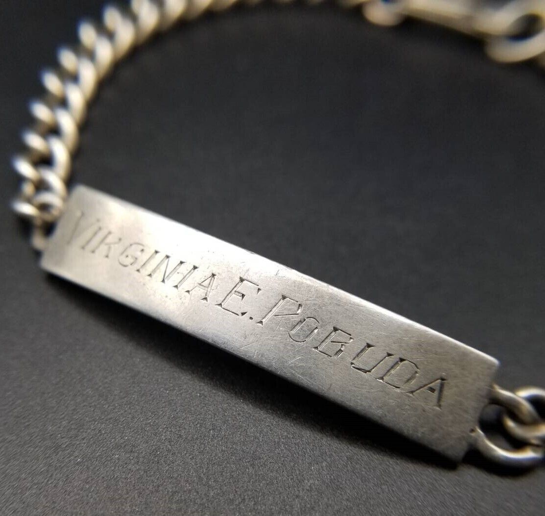 IDタグ 長方形プレート 925 シルバー ヴィンテージ ブレスレット 銀 シンプル スタイリッシュ ネーム彫金 Virginia E. Pobuda Y24-S