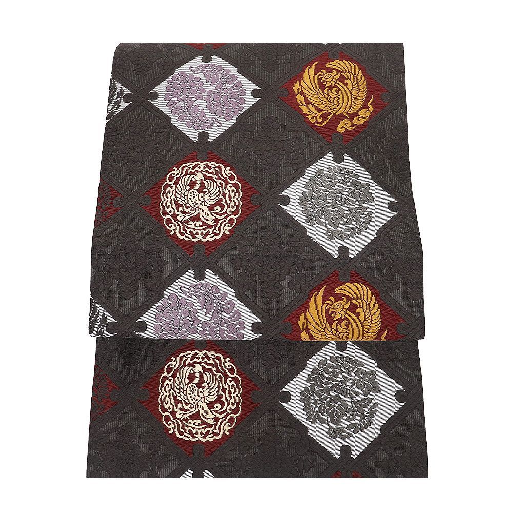 礼装用 九寸名古屋帯 正絹 濃茶紫 鳳凰 唐花 天井文 Lサイズ N 3041 レディース シルク ギフト フォーマル カジュアル