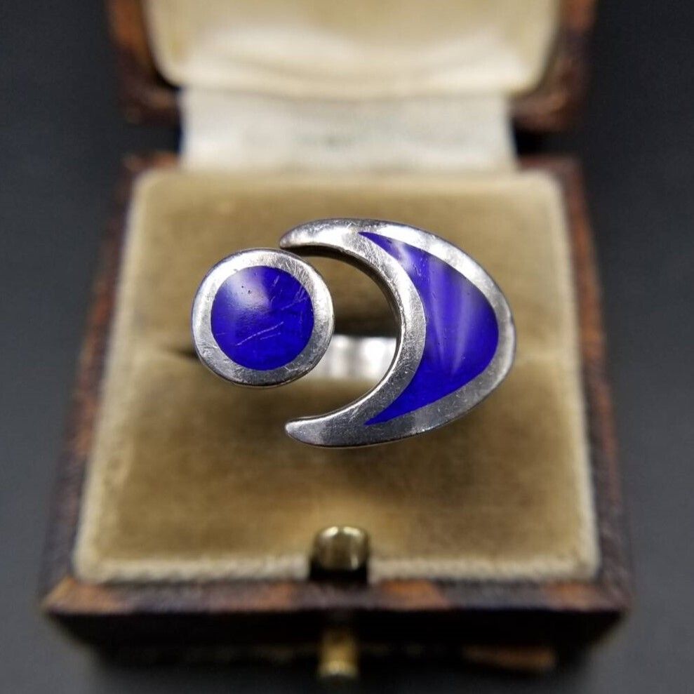 Sorini Pietro - Casi イタリア ヴィンテージ 三日月と惑星 925シルバー リング ブルーエナメル 銀 指輪 宇宙モチーフ 大ぶり 存在感 Y25-B