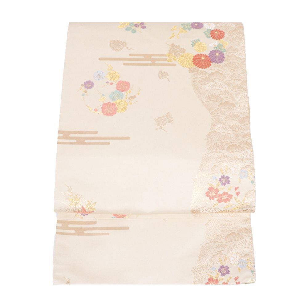 礼装用 九寸名古屋帯 正絹 ベージュ 金箔 花丸文 松竹梅 菊 南天 霞文 Mサイズ N 3044 レディース ギフト フォーマル