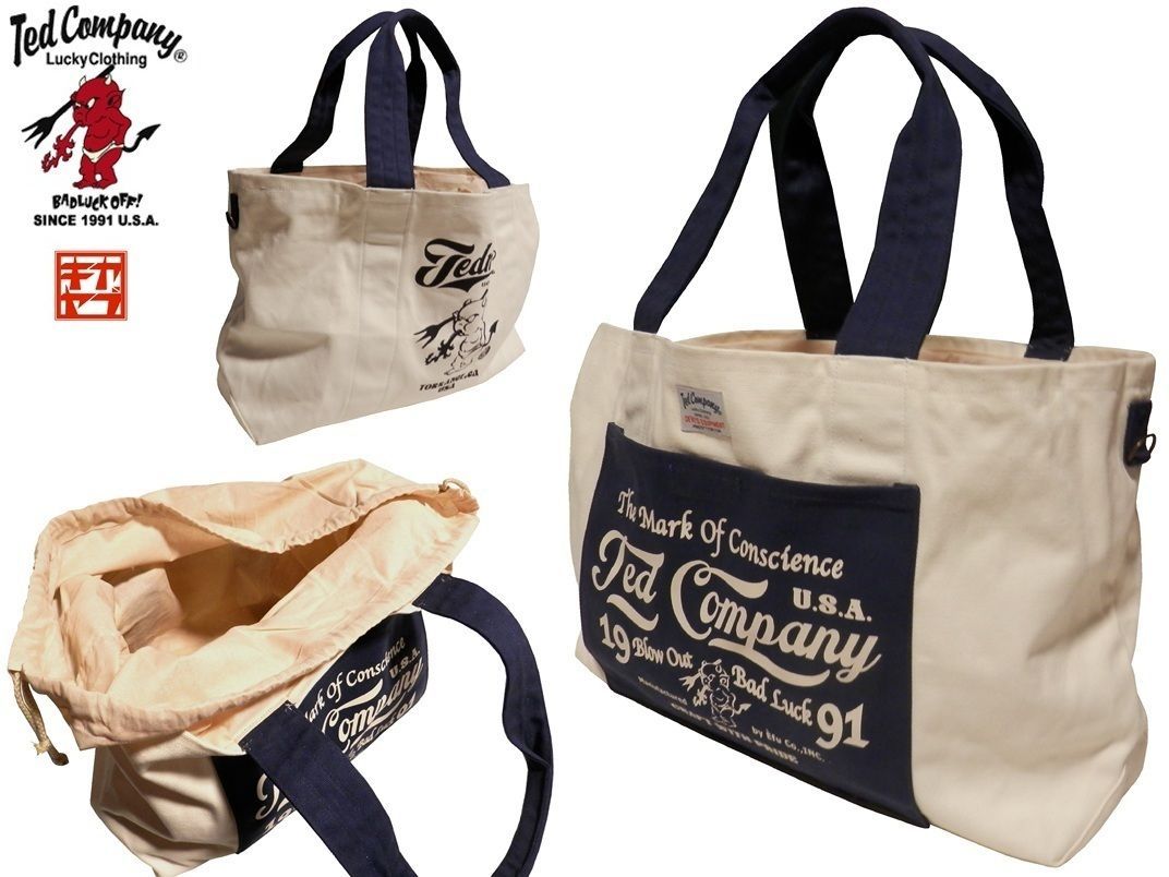 テッドマン TEDMAN キャンバストートバッグ TDBG-1600 ホワイト×ネイビー エフ商会 巾着付きバッグ