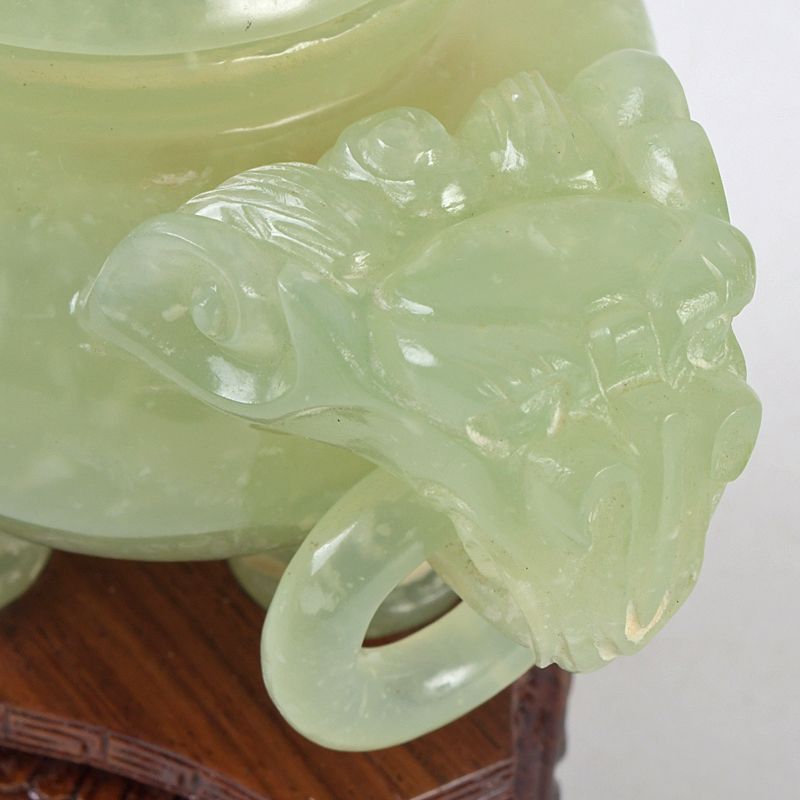 中国 玉石岫玉彫刻 雙耳活環 獅子鈕蓋爐 香炉 唐木台付 C S303 - メルカリ