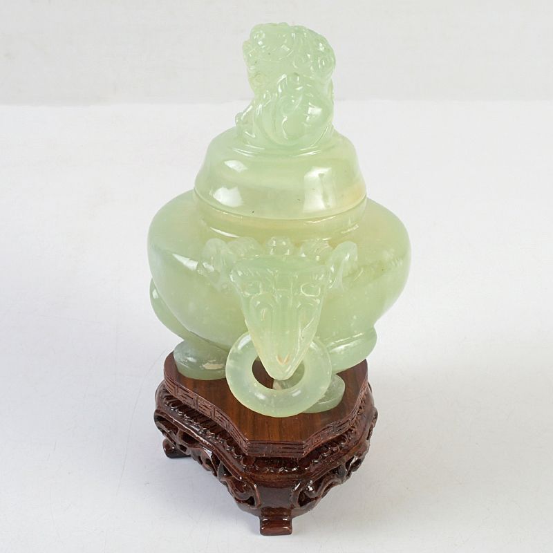中国 玉石岫玉彫刻 雙耳活環 獅子鈕蓋爐 香炉 唐木台付 C S303 - メルカリ