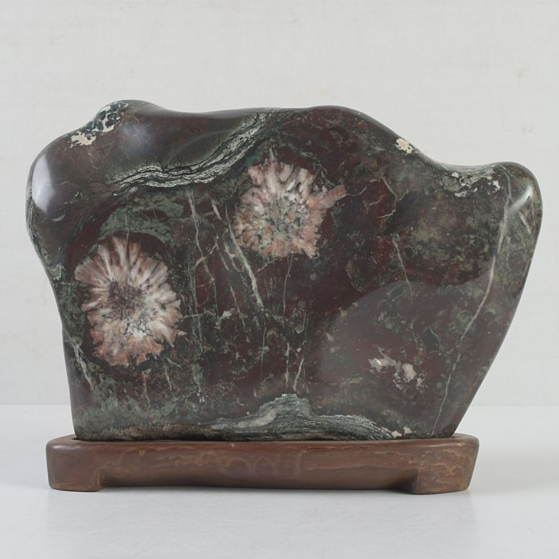 にの　鑑賞石　菊花石　置物　重さ約3019g　唐木台付　C　R6678 にの 鑑賞石 菊花石 置物 重さ約3019g 唐木台付 C R6678