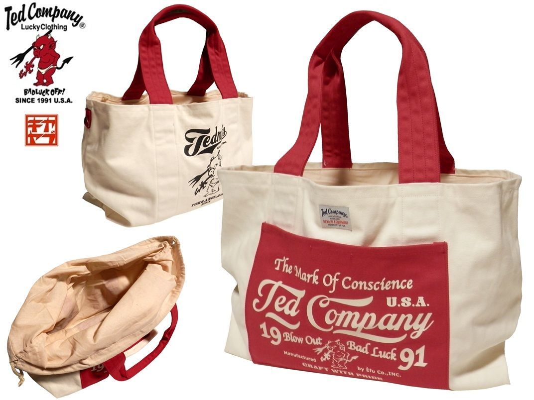 テッドマン TEDMAN キャンバストートバッグ TDBG-1600 ホワイト×レッド エフ商会 巾着付きバッグ