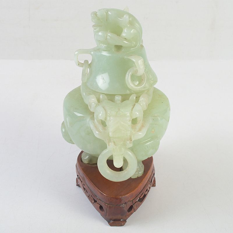 中国 玉石岫玉彫刻 雙耳活環 龍鈕蓋爐 香炉 唐木台付 N S306 - メルカリ