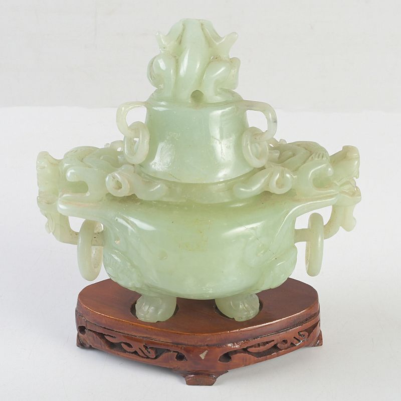 中国 玉石岫玉彫刻 雙耳活環 龍鈕蓋爐 香炉 唐木台付 N S306 - メルカリ