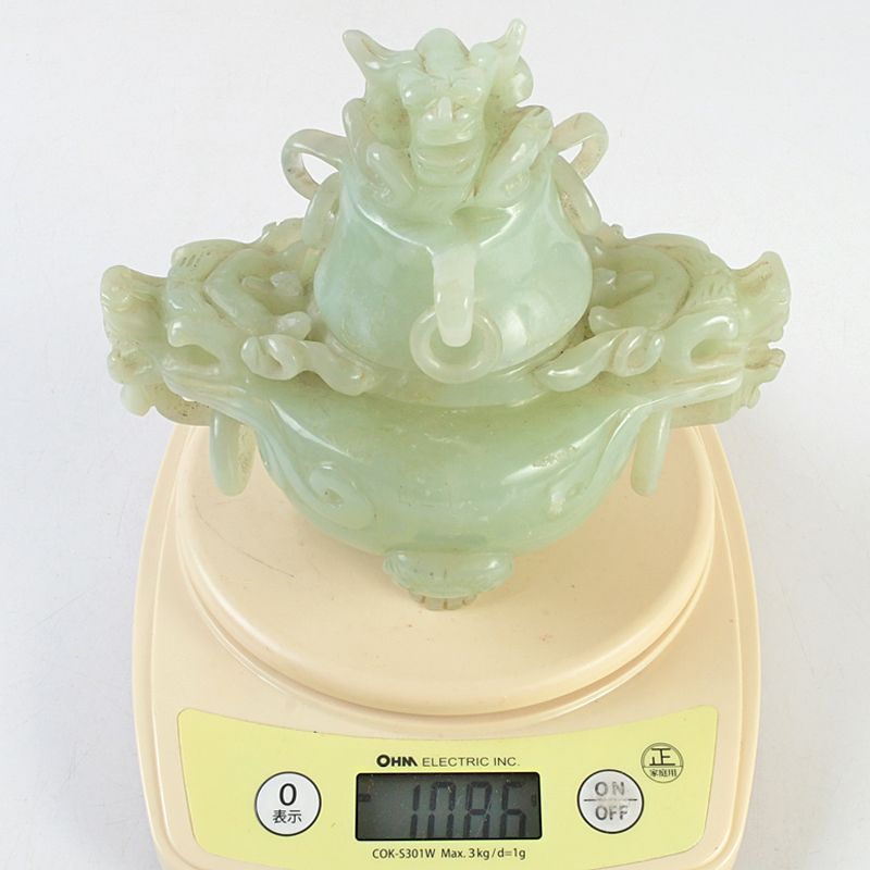 中国 玉石岫玉彫刻 雙耳活環 龍鈕蓋爐 香炉 唐木台付 N S306 - メルカリ