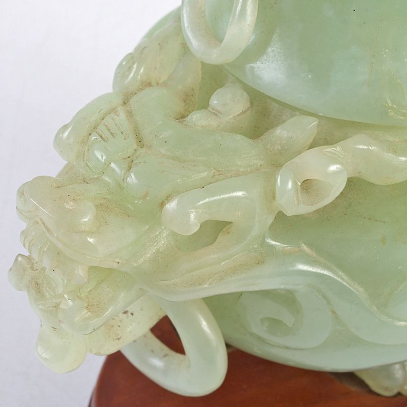 中国 玉石岫玉彫刻 雙耳活環 龍鈕蓋爐 香炉 唐木台付 N S306 - メルカリ