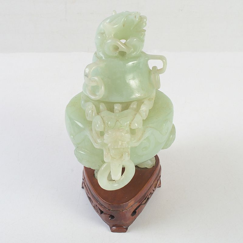 中国 玉石白玉彫刻 雙耳活環 龍鈕蓋爐 香炉 唐木台付 V 7450 中国 玉石