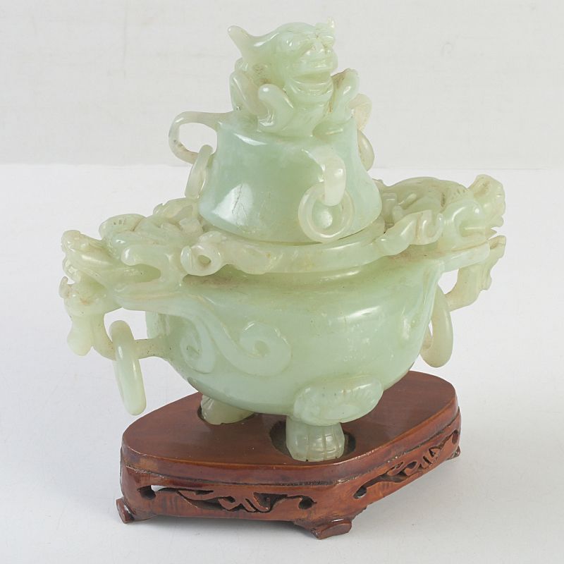 中国 玉石岫玉彫刻 雙耳活環 龍鈕蓋爐 香炉 唐木台付 N S306 - メルカリ