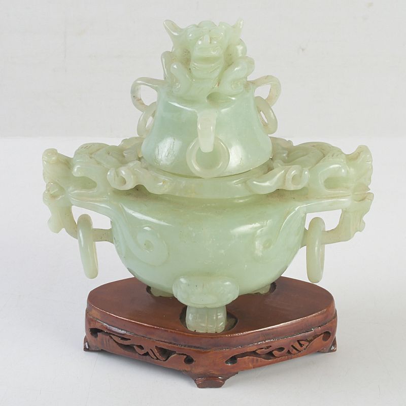 中国 玉石岫玉彫刻 雙耳活環 龍鈕蓋爐 香炉 唐木台付 N S306 - メルカリ