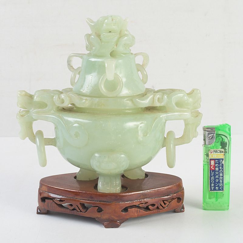 中国　玉石岫玉彫刻　透かし彫遊環　香炉　飾壷　V　5156 中国 玉石岫玉彫刻 透かし彫遊環 香炉 飾壷 V 5156 中国 玉石