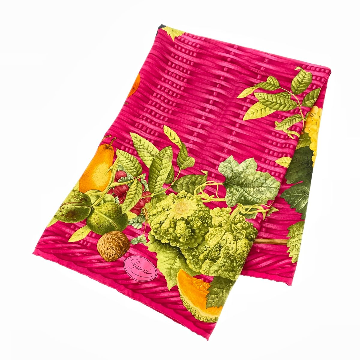 GUCCI グッチ スカーフ フルーツ/バスケット/ シルク100％ フューシャ