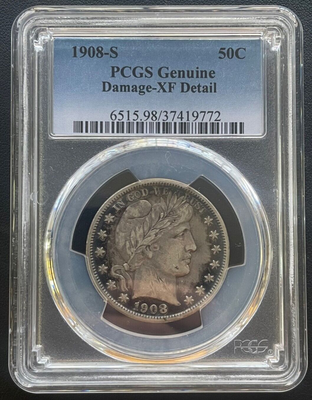 1908-S 50セント バーバー ハーフダラー、PCGS エクストラ、低鋳造枚数