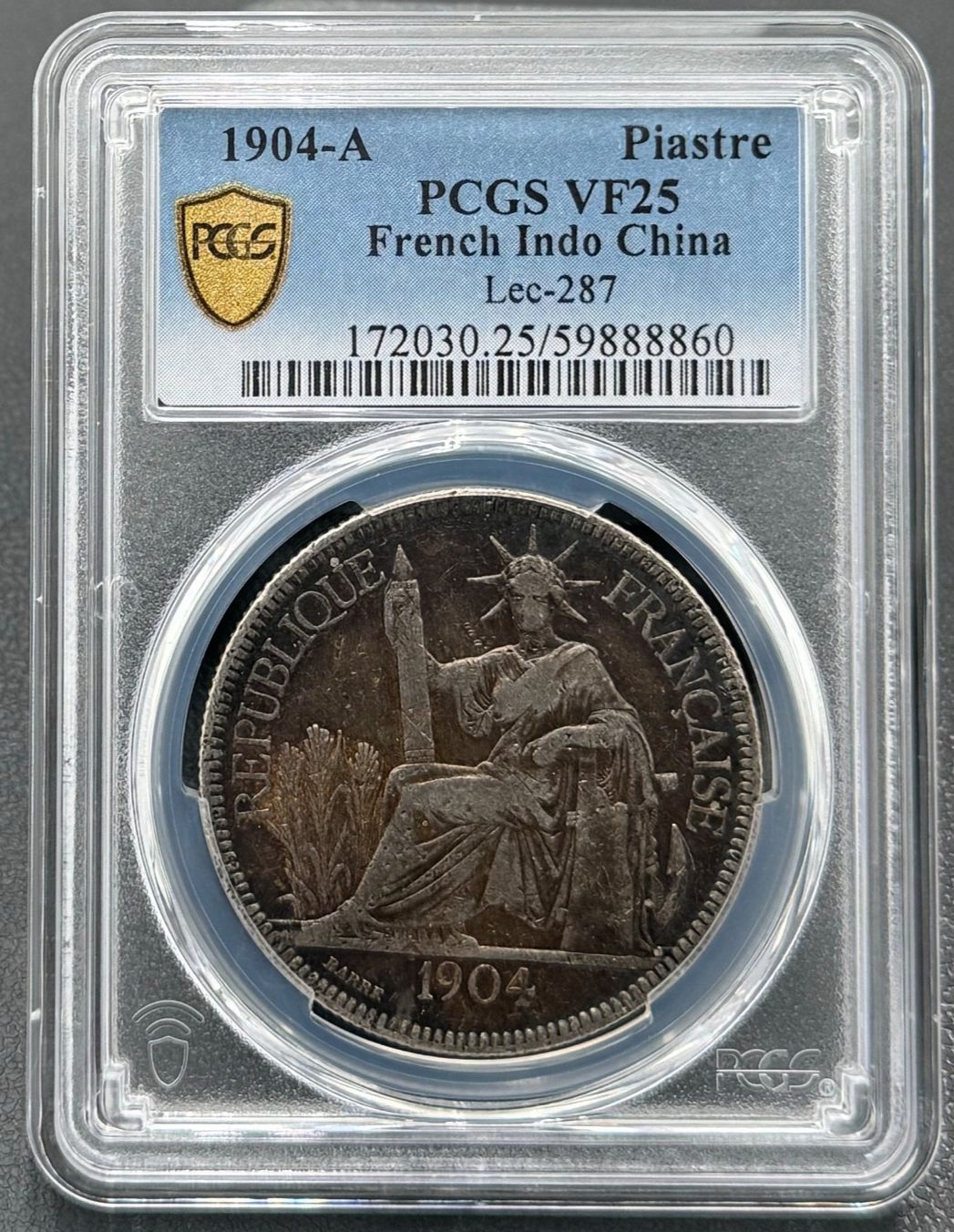 1904年 フランス領インドシナ 銀貨 1ピアストル 27グラム PCGS VF 25