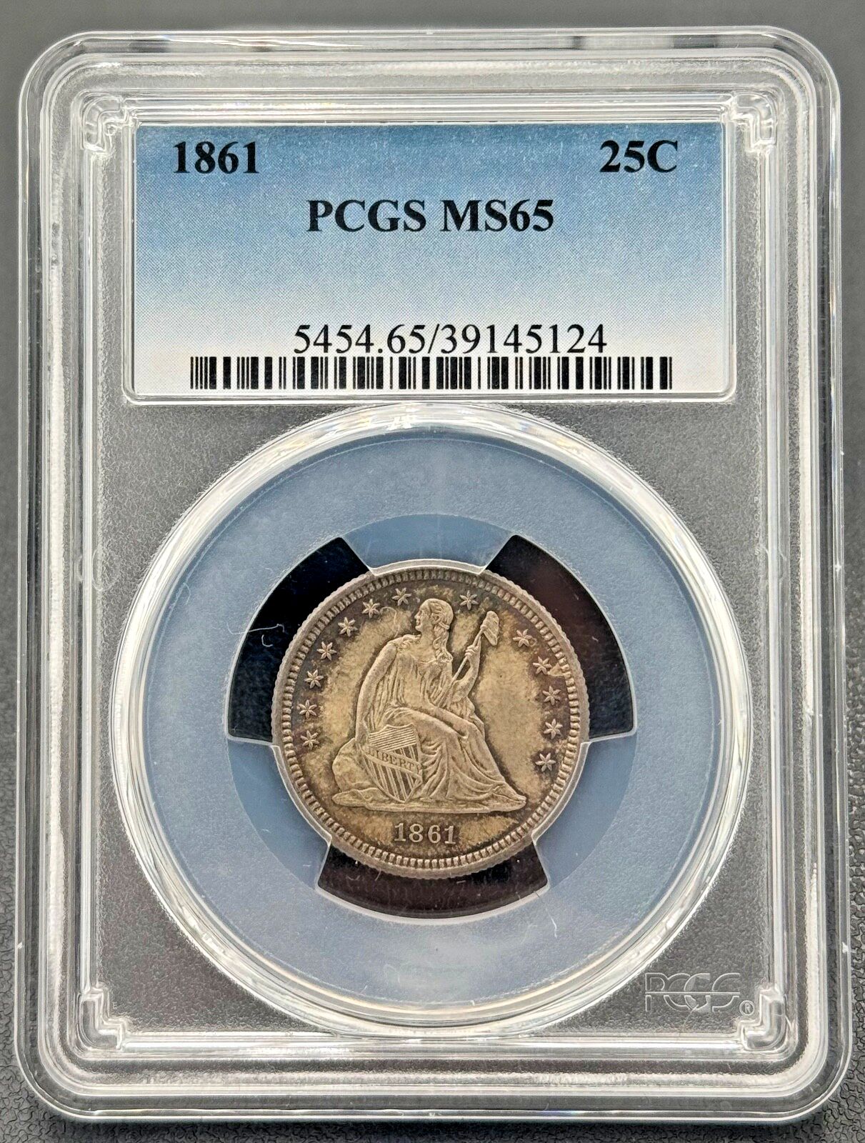 1861年 P 25セント 着席自由の女神像 25セント硬貨 PCGS MS-65、南北