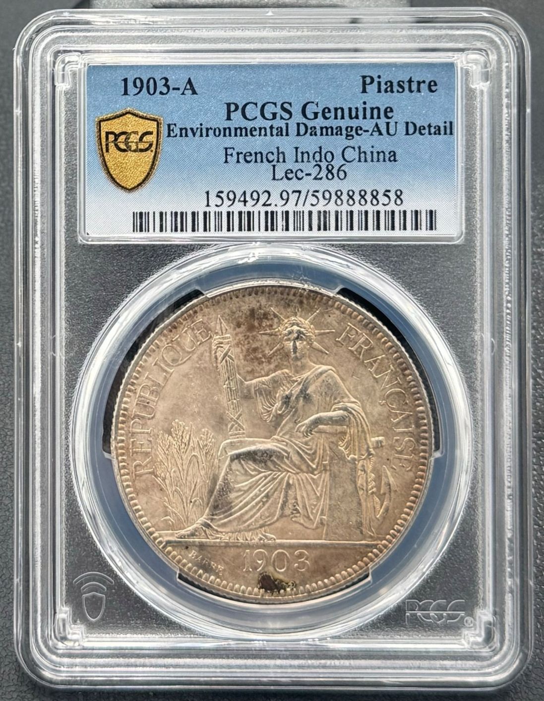 1903年 フランス領インドシナ 銀貨 1ピアストル 27グラム PCGS AU、Lec