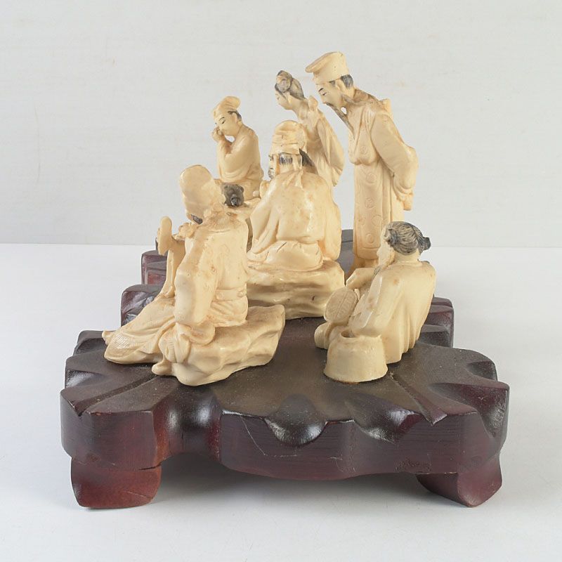 中国　玉石彫刻　山水人物刻　床飾　置物　在銘　唐木台付　K　R7727 中国玉石彫刻山水人物刻床飾置物在銘唐木台付KR7727