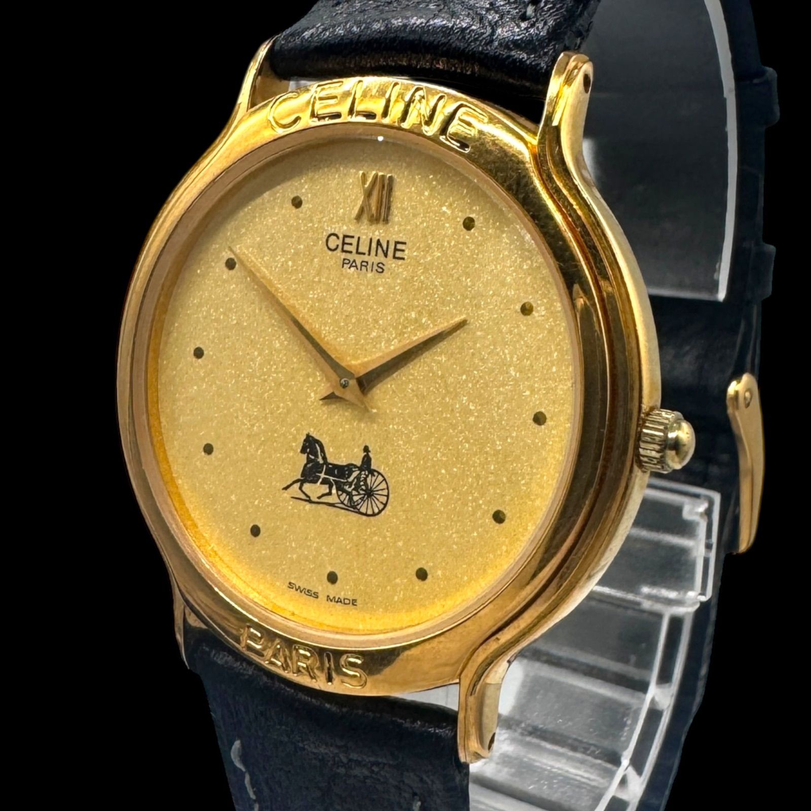 き 電池稼働 CELINE セリーヌ ゴールド 馬車 ラウンド 腕時計 ボーイズ 男女兼用 クォーツ QZ