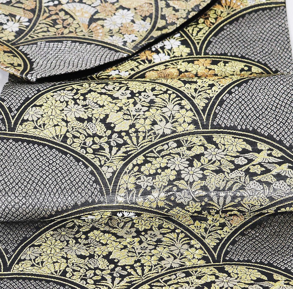  礼装用 袋帯 正絹 グレー緑 金 銀 青海波 檜扇 琵琶 鼓 笛 鳥 蝶 松竹梅 菊 桔梗 撫子 花筏 Lサイズ F 8417 フォーマル 袋帯 帯