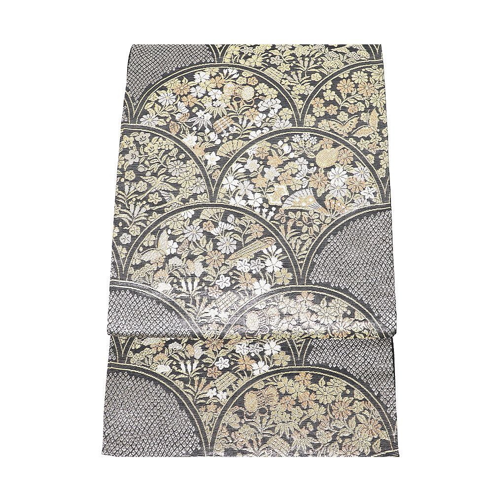 礼装用 袋帯 正絹 グレー緑 金 銀 青海波 檜扇 琵琶 鼓 笛 鳥 蝶 松竹梅 菊 桔梗 撫子 花筏 Lサイズ F 8417 フォーマル