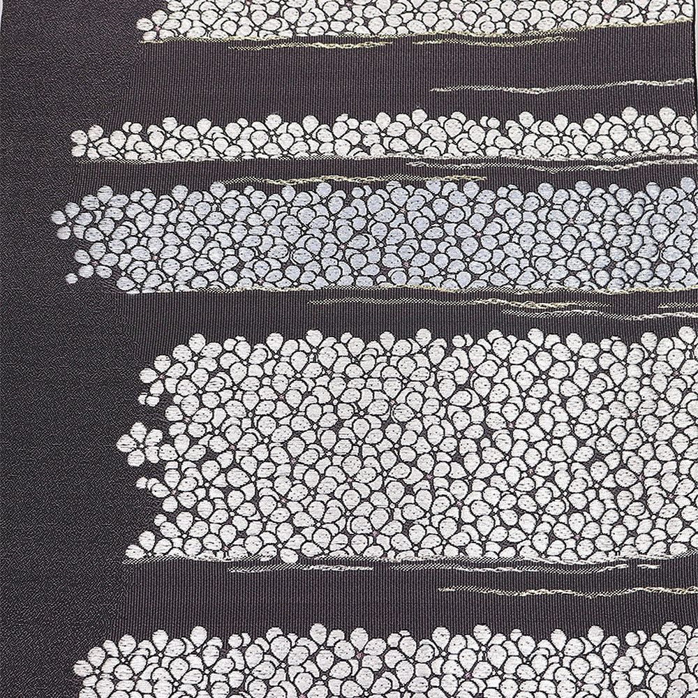 訪問着用 袋帯 正絹 横段梅詰文 墨黒 金 銀 唐織 梅 横縞 Mサイズ