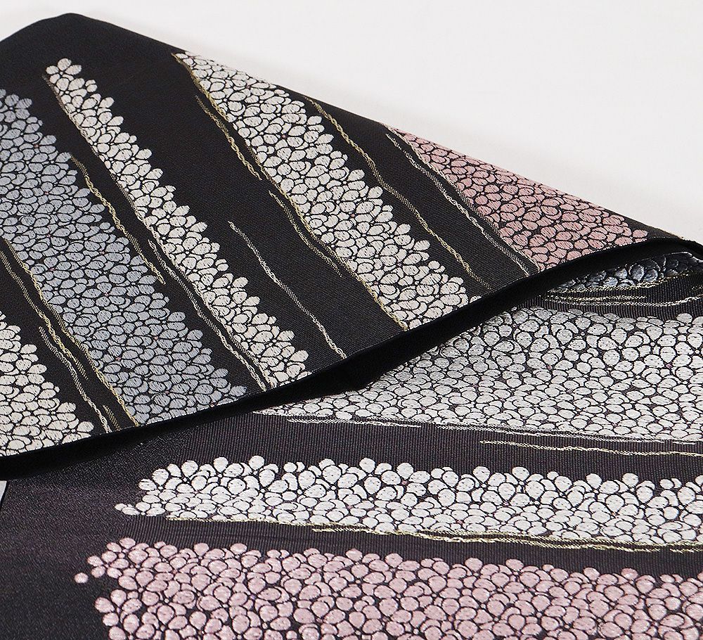 訪問着用 袋帯 正絹 横段梅詰文 墨黒 金 銀 唐織 梅 横縞 Mサイズ