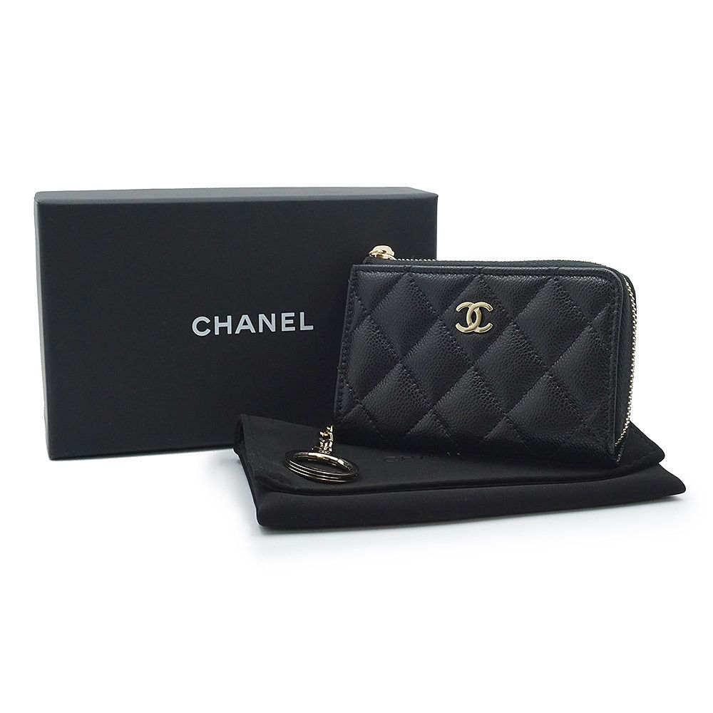 シャネル マトラッセ キーリング付き コインケース 小銭入れ 財布 キャビアスキン レザー ブラック ゴールド金具 AP 0221 CHANEL