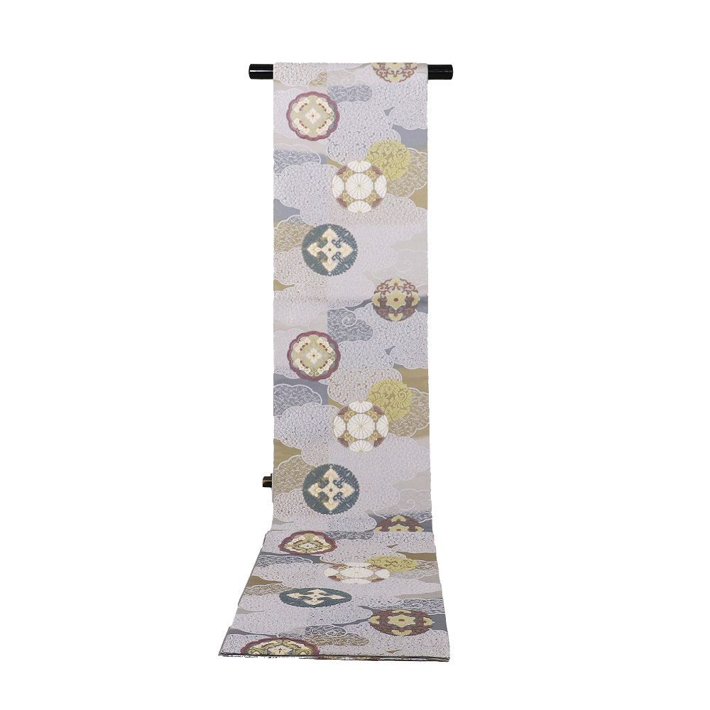  礼装用 袋帯 正絹 薄グレー 抹茶色 唐織 華文 四つ割菊文 松葉 梅 桜 紅葉 Mサイズ F 8420 レディース ギフト フォーマル 袋帯 帯