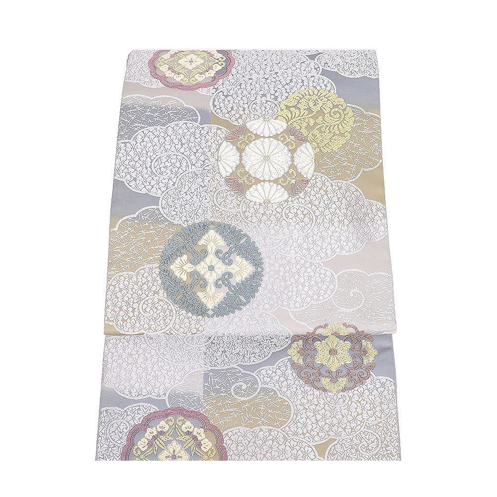 礼装用 袋帯 正絹 薄グレー 抹茶色 唐織 華文 四つ割菊文 松葉 梅 桜 紅葉 Mサイズ F 8420 レディース ギフト フォーマル