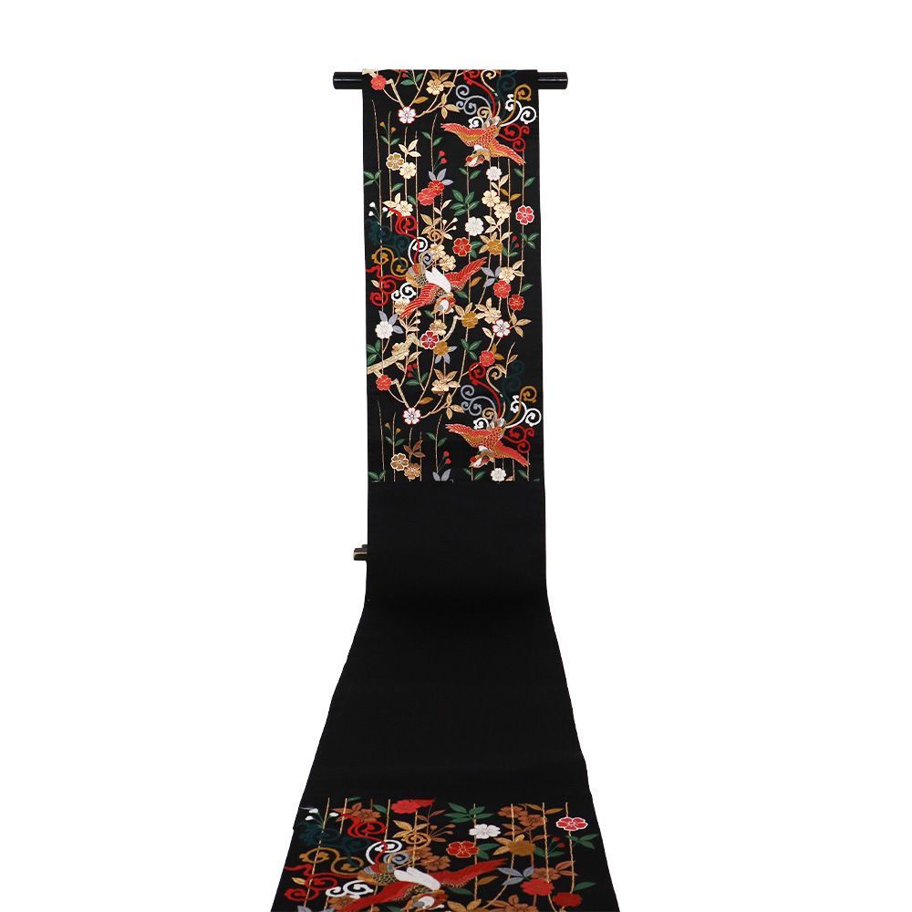  訪問着用 袋帯 正絹 黒 唐織 花喰鳥 枝垂れ桜 Mサイズ F 8422 レディース シルク ギフト フォーマル 30代 40代 50代 袋帯 帯