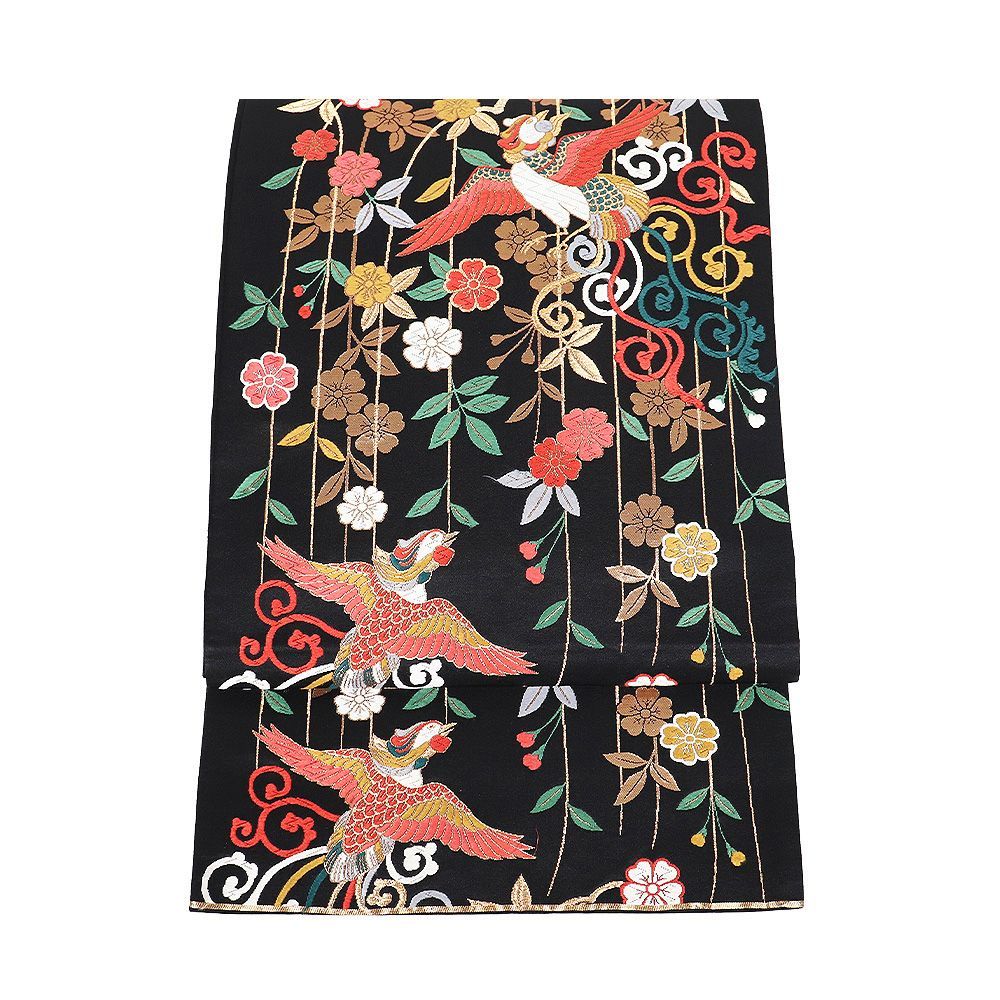 訪問着用 袋帯 正絹 黒 唐織 花喰鳥 枝垂れ桜 Mサイズ F 8422 レディース シルク ギフト フォーマル 30代 40代 50代