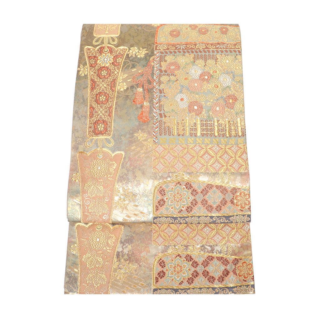 礼装用 袋帯 正絹 金箔 緑 鎧文 菊 桐 唐花 七宝文 Lサイズ F 8423 レディース ギフト フォーマル 30代 40代 50代