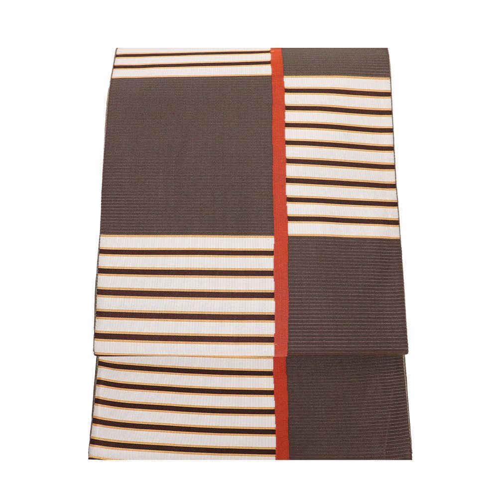 お洒落訪問着用 袋帯 正絹 紹巴重通織 濃茶 レンガ色 薄グレー 金茶 縞格子 Lサイズ F 8424 レディース シルク ギフト