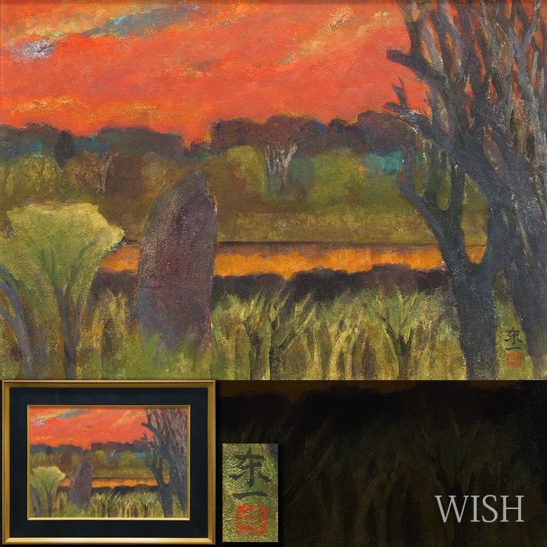 真作】【WISH】加藤東一 日本画 約12号 大作 金泥仕様 ◇茜色に染まる